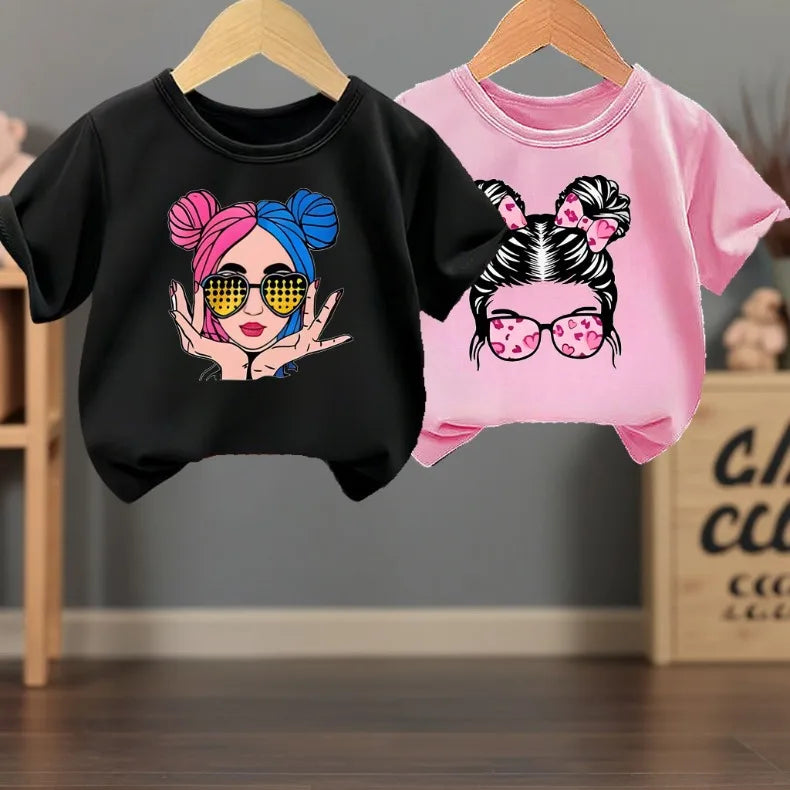 Summer Girls Casual T Shirts Fashion Printed Children's Short Sleeve Tops Kids Breathable Comfy Outdoor Tee Black Pink White