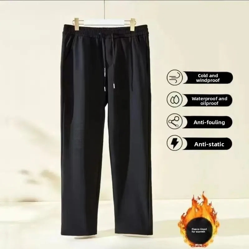 Men's Outdoor Casual Pants Thickened Fleece Lined Loose Fit Windproof Waterproof Winter Warm Cotton Trousers Straight Leg Jeans