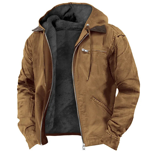 Winter Men Plush Jacket Vintage Solid Color Zipper Male Hooded Coat Long Sleeve Windproof Casual Versatile Man Cargo Outerwear