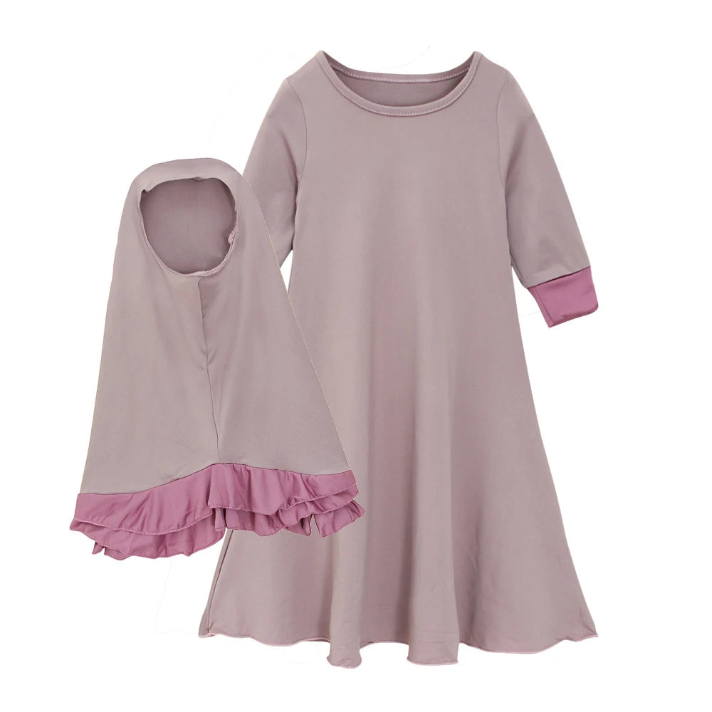 Islamic Muslim Kids Girls Prayer Dress Burka Kaftan Abaya Ramadan Robe Arab Middle East Clothes 2pcs Set Bow 2 Color Patchwork