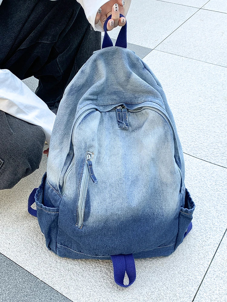 Men's and Women's Backpacks, Student School Bags, Large-Capacity Washed Denim Bags
