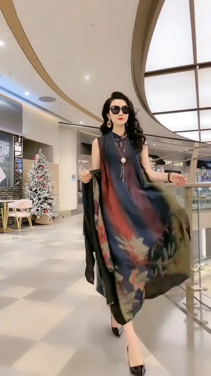 Authentic Silk Dress for Mother, Silkworm Loose Dress, High-End Print, 2-Piece Dress, Women's Dresses, Spring, Summer, New, 2023