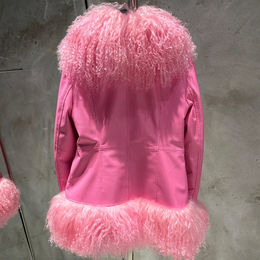 Sheep Collar Coats Women Winter Luxury Mongolian Fur Leather Jackets with Long Sleeve 7251