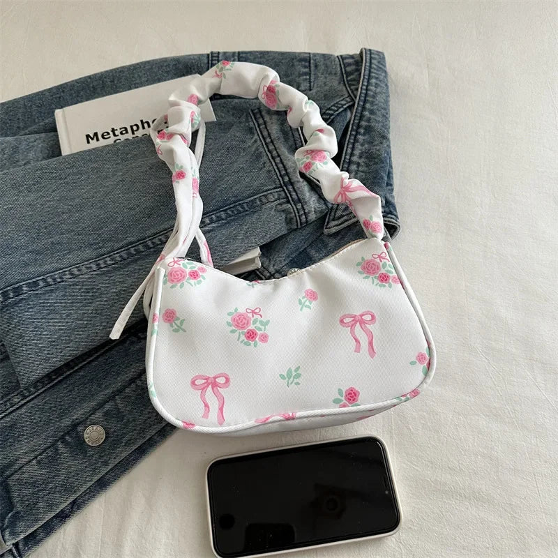 Women's Bag Summer Canvas Pleated Handlebags Armpit Bag Korean Floral Bow Printed Zipper Tote Bag Female Small Shoulder Bags