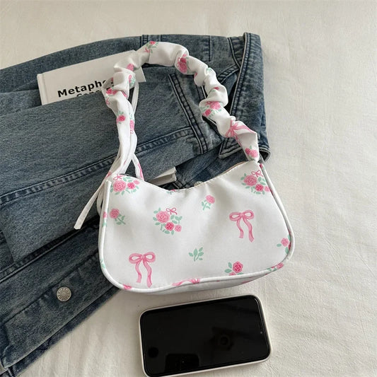 Women's Bag Summer Canvas Pleated Handlebags Armpit Bag Korean Floral Bow Printed Zipper Tote Bag Female Small Shoulder Bags