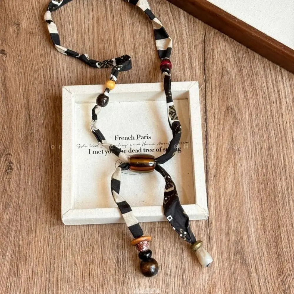 Strip Cloth Chain Necklace Multicolor Ethnic Style Wood Bead Necklace Jewelry Accessories Clavicle Chain Bohemian Choker Male