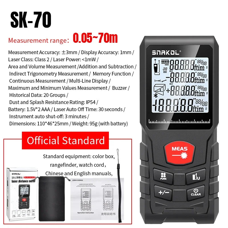 Snakol Digital Laser Distance Meter Rangefinder 50m/70m/100m/120m - Trena Roulette Ruler Tape for Measurement