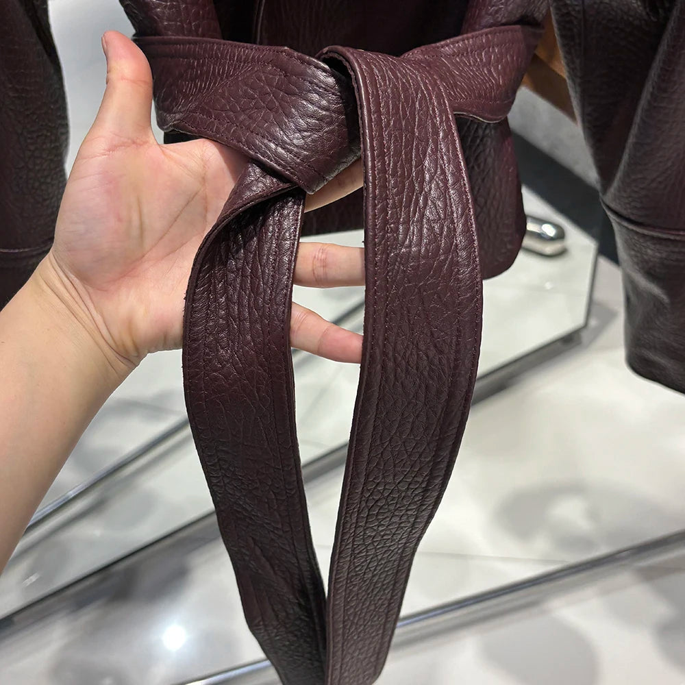 YOLOAgain Real Leather Jacket Women Burgundy Grain Leather Jacket With Belt