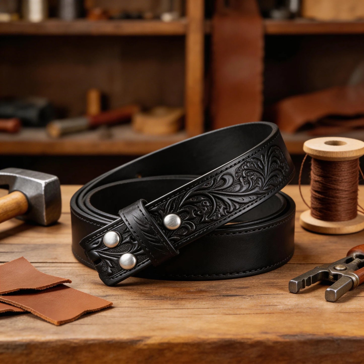 Western Style Tooled Leather Belt Strap - Buckleless Design for Customizable Fit