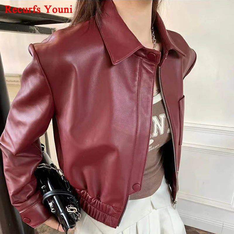 European 2025 New Fashion Short Leather Jacket For Women Casual Elastic Band Waist Top Clothing Mujer Varsity Claret Veste