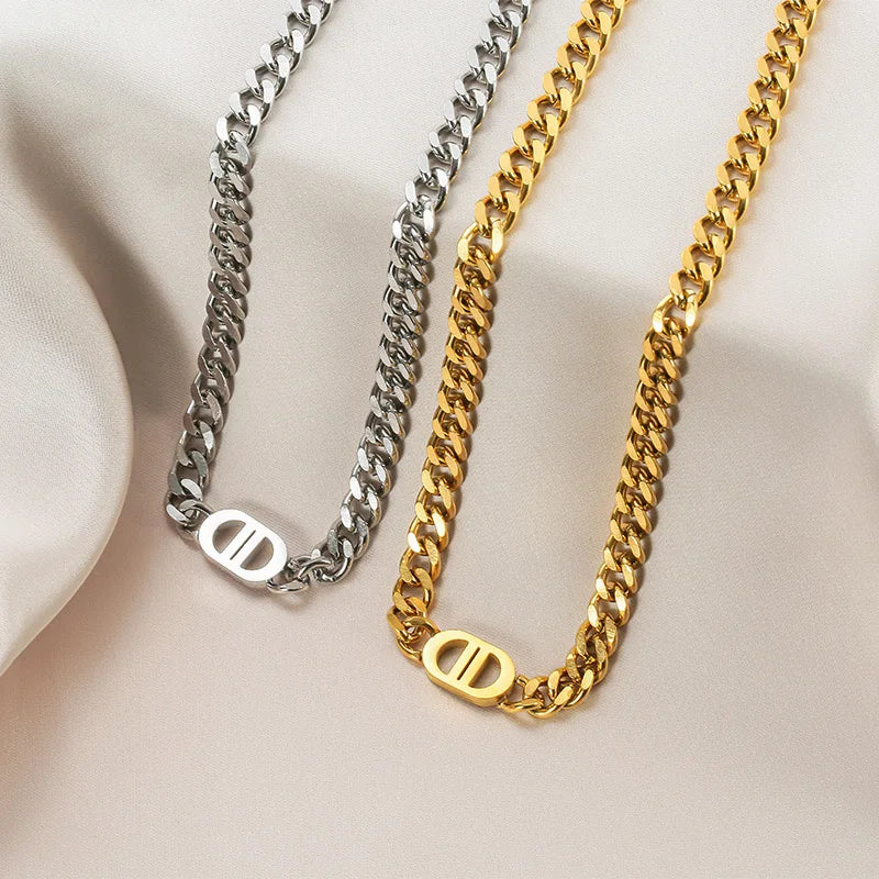 1 Stylish Double D Chain Stainless Steel Necklace and Bracelet Set, Unisex Style, High-end Elegant Party Celebration Accessories