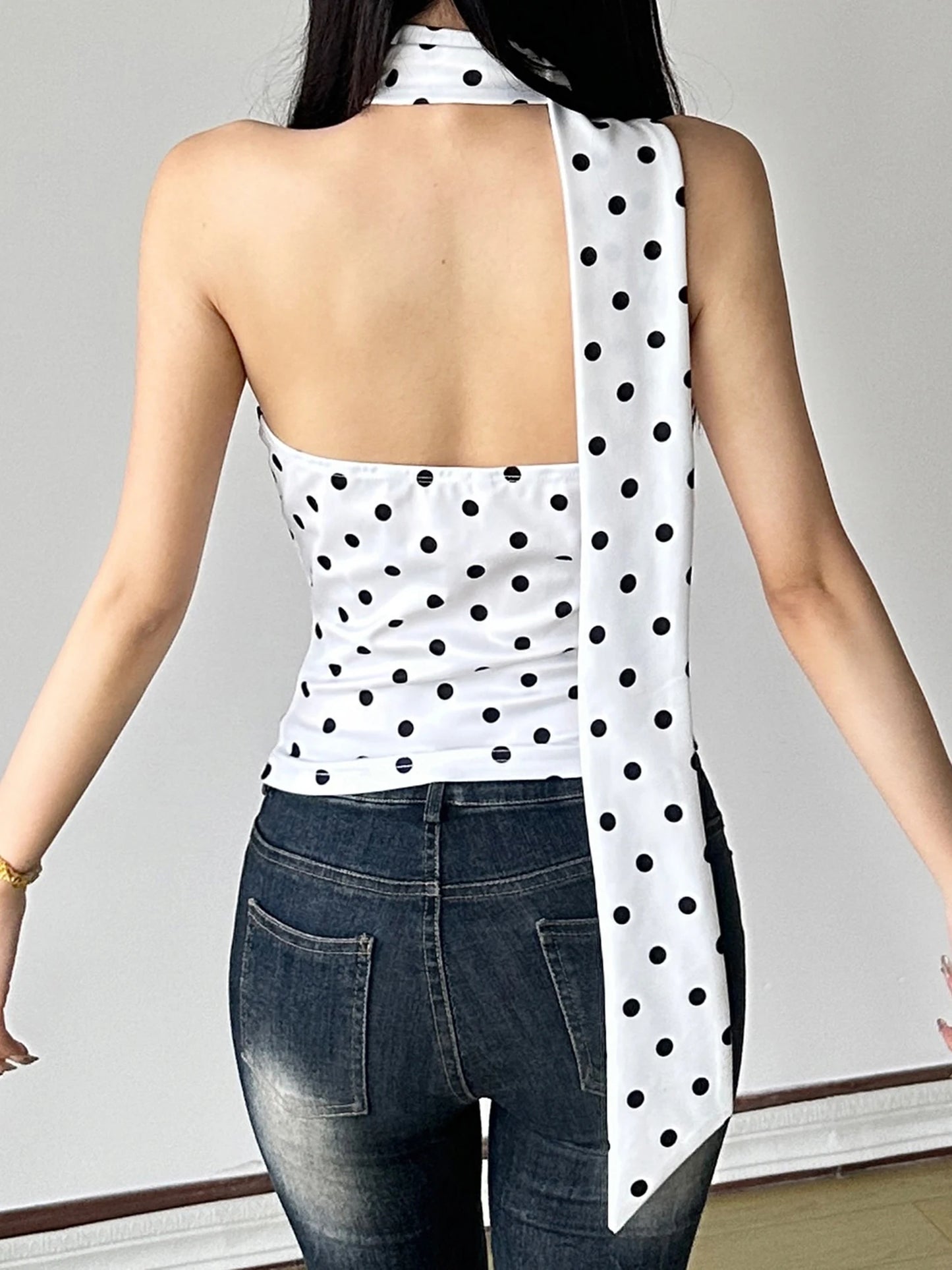 Women s Summer One Shoulder Tank Tops Sleeveless Open Back Halter Neck Dot Print Vest