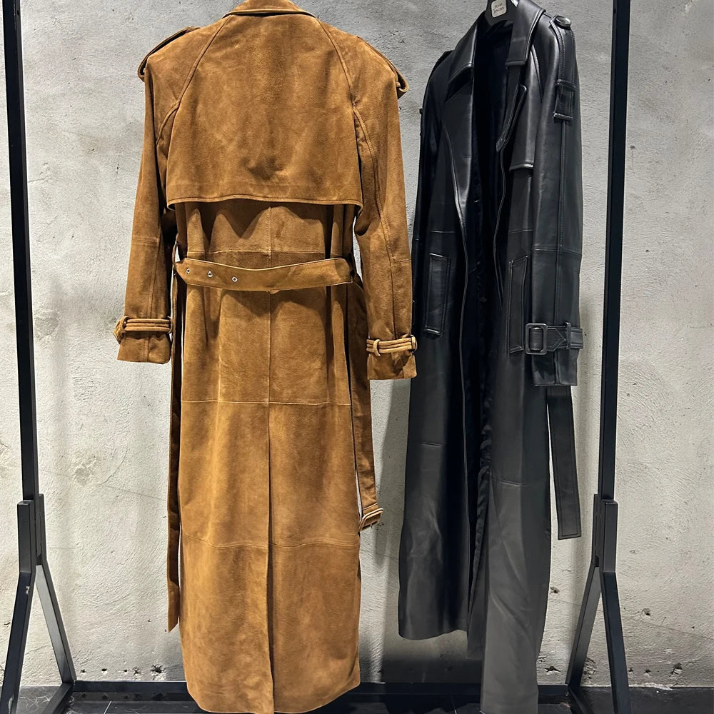 Suede Burgundy Long Coat Double Breasted Windbreak Length 150cm Women's Real Suede Coat