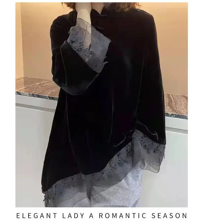Retro Black Velvet Qipao Top New Chinese Style Stand Up Collar Button Down Bottom Shirt for Women