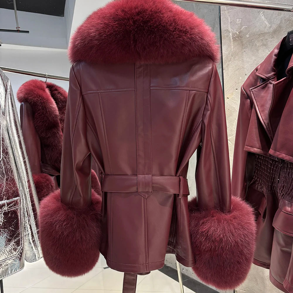 YOLOAgain Real Fox Fur Collar Genuine Leather Jacket Women