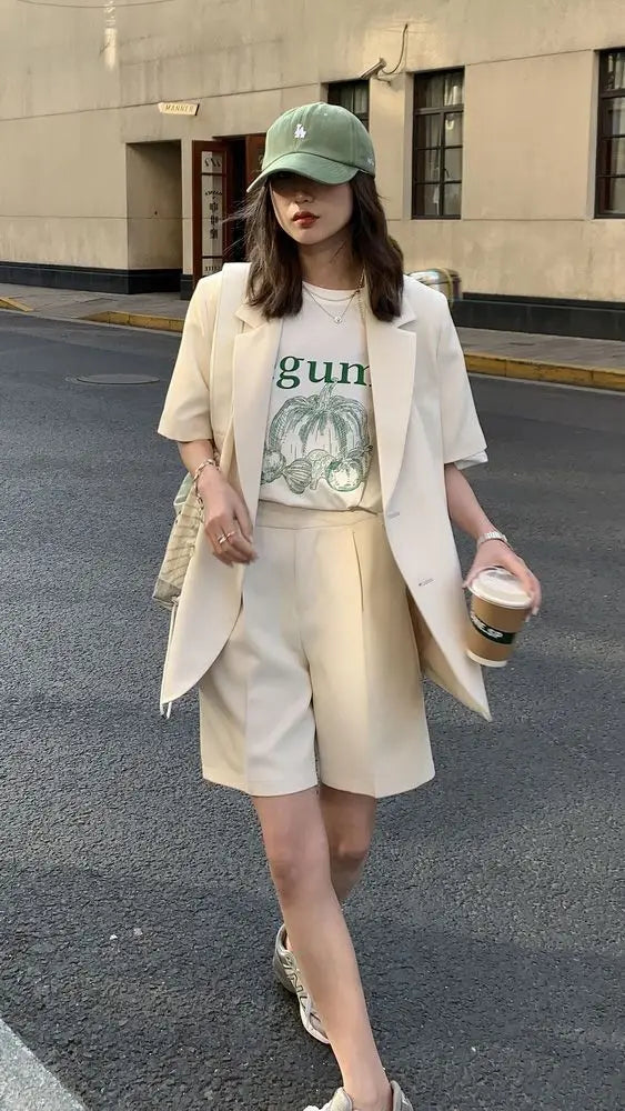 Pant Suits 2025 Spring and Summer Thin Casual Loose Short Sleeved Suit Jacket Women Suit Two-piece Set