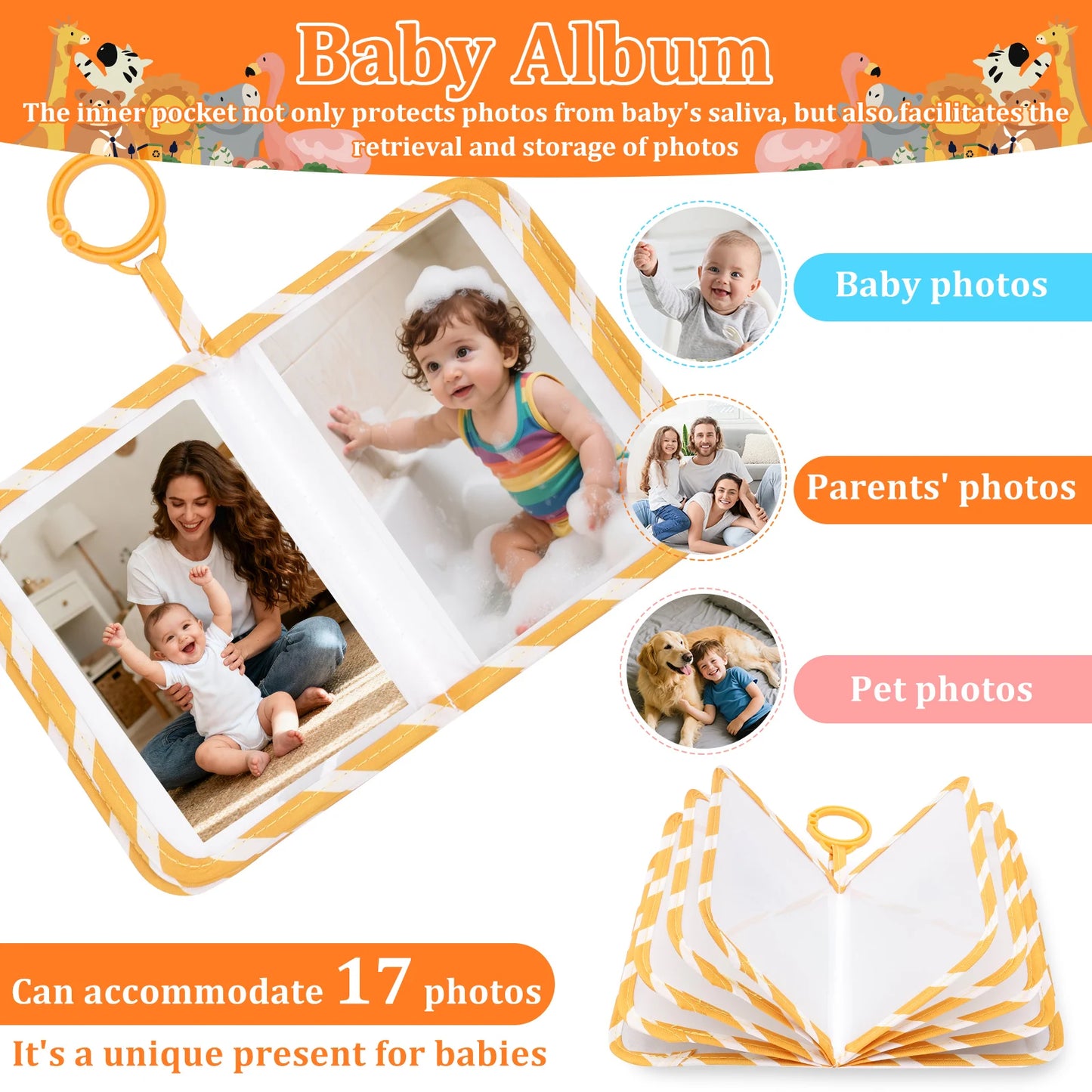 Baby Photo Album Holds 17 Pcs 6 x 4 in Pictures Soft Cloth My First Photo Album with Safety Mirror Fabric Kid Memory Keepsake