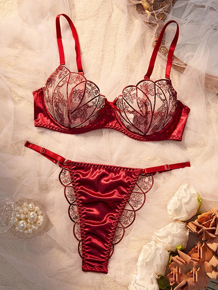 Lingerie Ultra Sexy Mesh Splicing Female Underwear Romantic Erotic Lingerie Luxury Intimate Sexy Adult Burgundy Bra Panties Sets