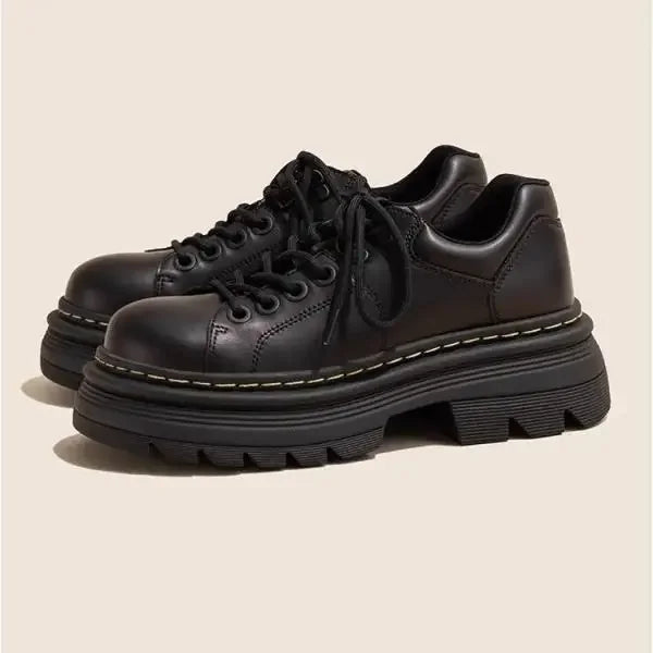 Womens Derby Shoes Autumn British Style Female Footwear Loafers With Fur Round Toe Clogs Platform Casual Sneaker Leather