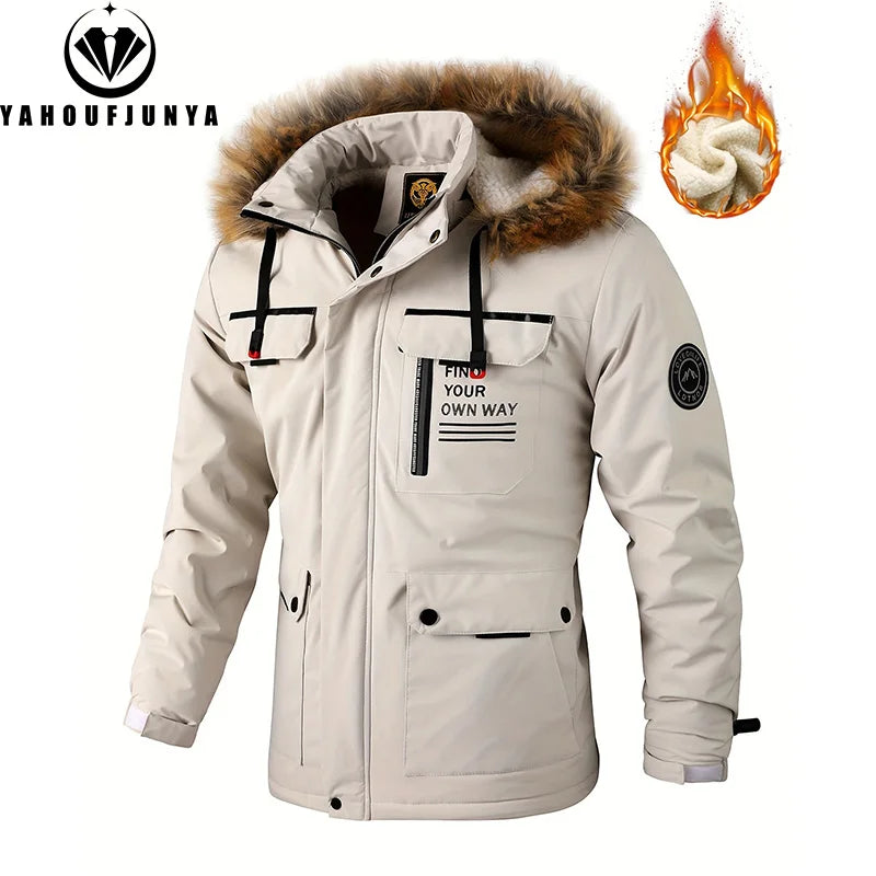 2026Winter Men Outwear Fleece Warm Removable Hooded Hiking Jacket Men Outdoor Windproof Casual Fashion Jacket Coat Male Clothing