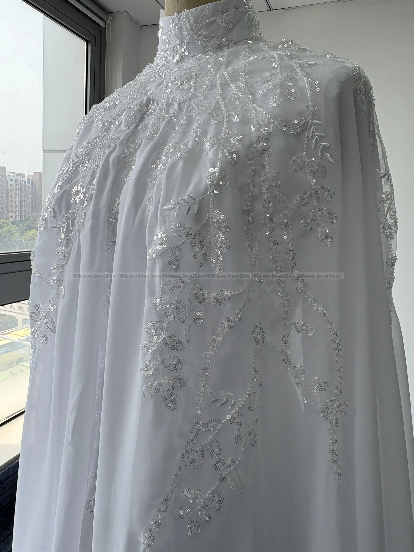 Muslim Wedding Dresses Hijab High Neck Long Sleeve A Line Bride Dress Chiffon Pearls Bridal Gown vestidos de novia Customized