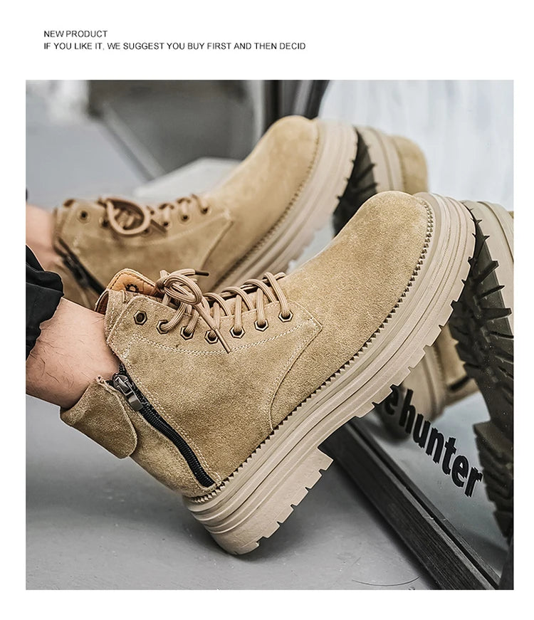 Men's high-quality suede horse boots outdoor casual leather boots thick soled English style short boots fashionable work boots