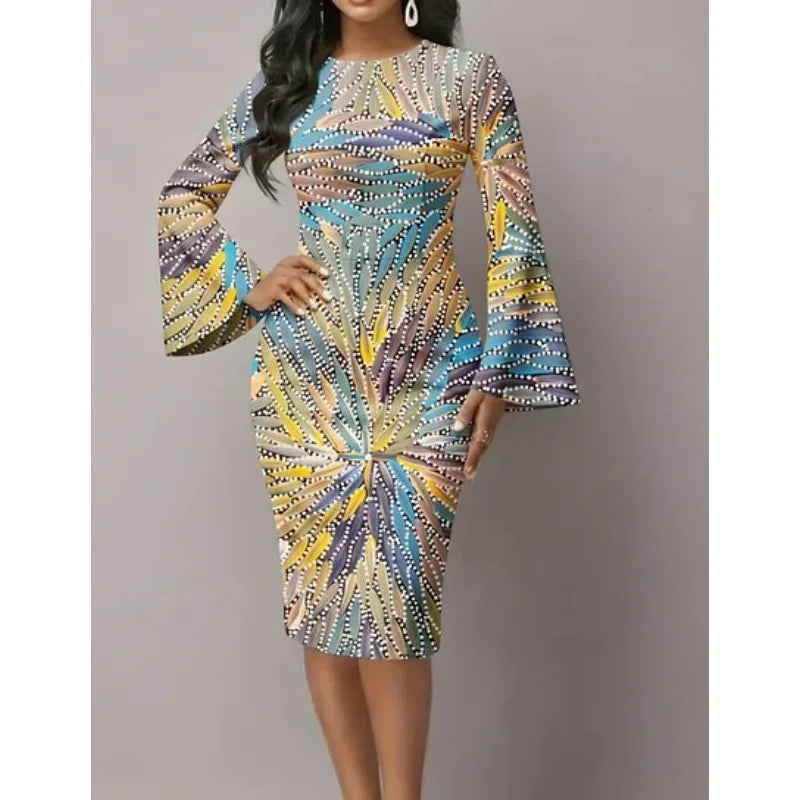 Elegant Night Out Dress Black White Graphic Print Bodycon Midi Dress with Dramatic Flare Sleeves Modern Dress for City Night Out
