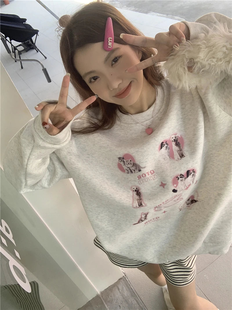 KOSAHIKI Cute Hoodies Women Letter Dog Print Sudaderas Mujer O-neck Sweatshirt Harajuku Streetwear Y2k Pullover Moletom Feminino