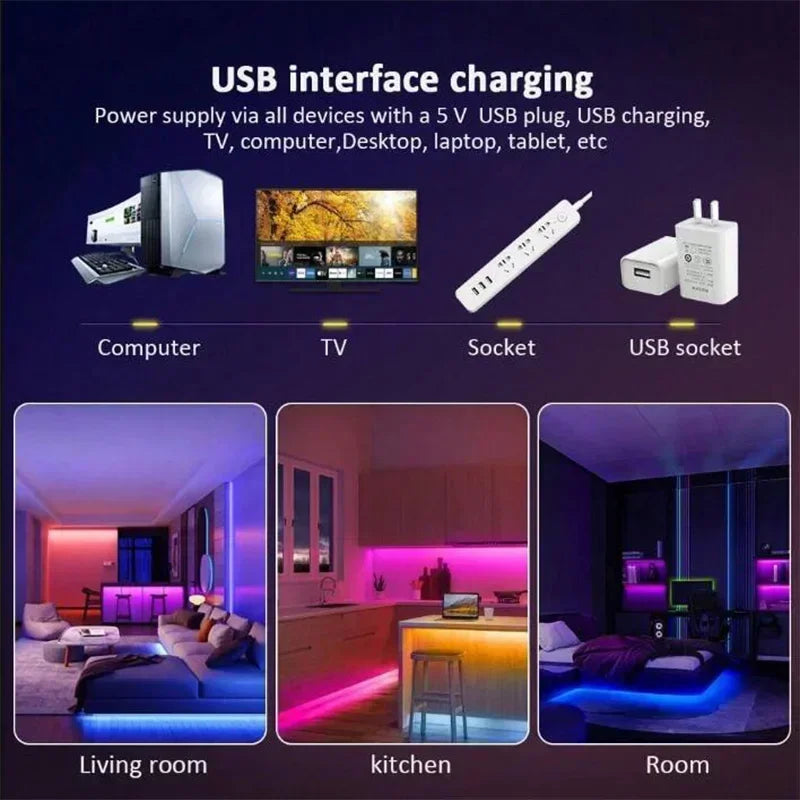 Led Strip Lights For Bedroom 5V 5050 Usb Rgb Tape 1-30M With 44key Remote Holiday Lighting Wall Led Room Decor Lamp Band Ribbon