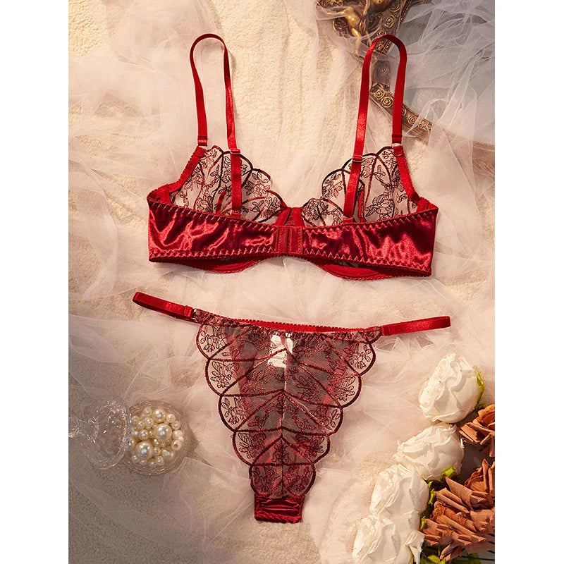 Lingerie Ultra Sexy Mesh Splicing Female Underwear Romantic Erotic Lingerie Luxury Intimate Sexy Adult Burgundy Bra Panties Sets