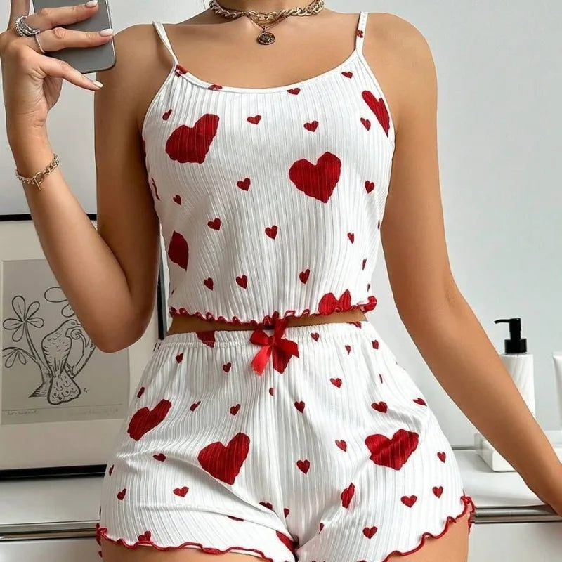 New Women's Pajama Set Knitted Love Printed Sweet Strap Shorts S M L White Breathable Casual Love Printed Home Pajama Set
