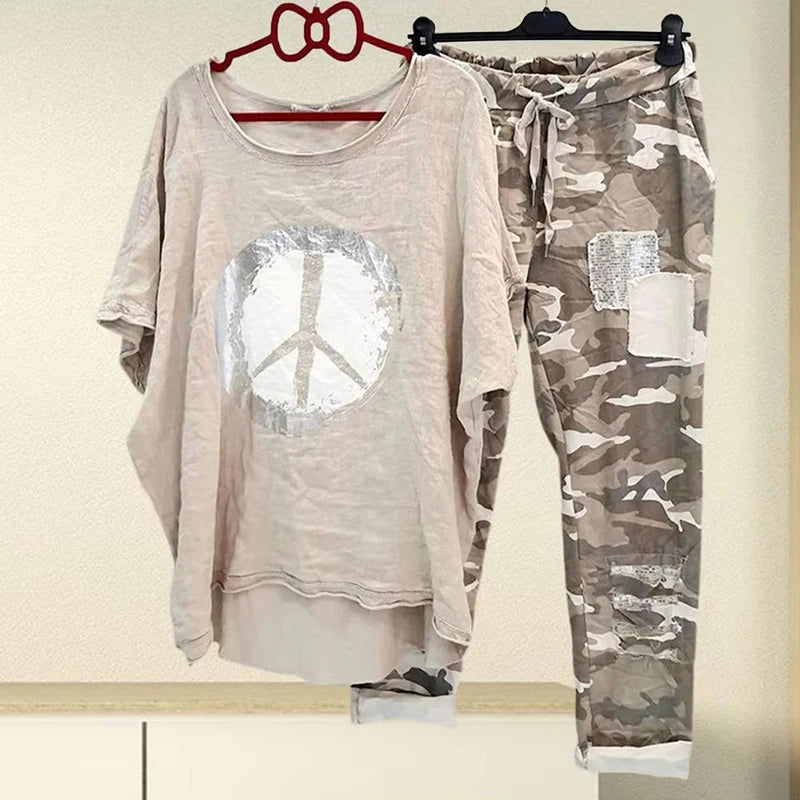 Pants Set For Women Fashion O Neck Irregular Hem Blouse Camouflage Print Drawstring Pants Sets Casual Short Sleeve T Shirt Suits