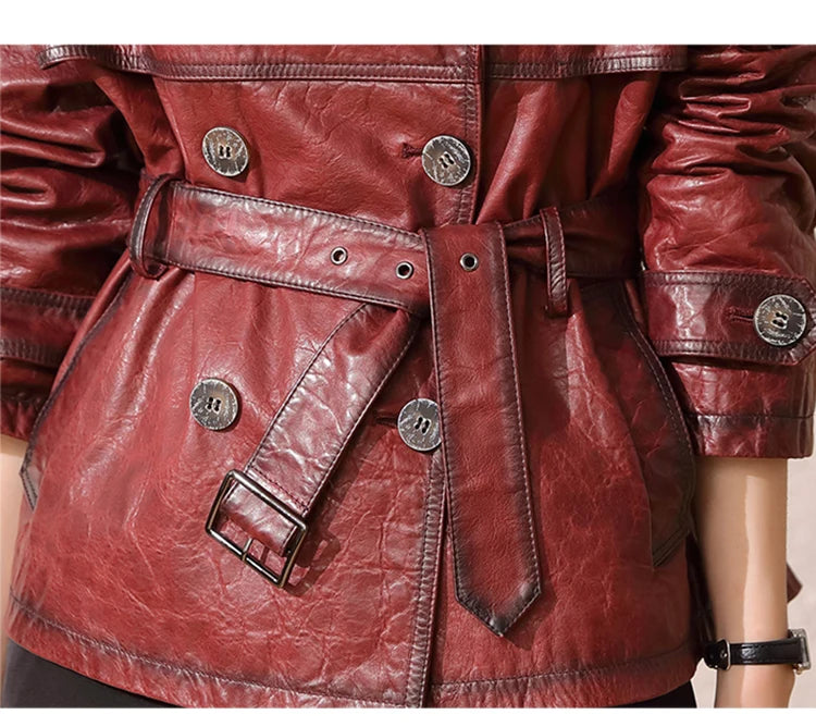 Roupas Femininas Autumn Women's Suit Collar Lace-up Waist Oil Wax Sheepskin Gabardina Mujer Vintage Red Wine Short Trench Coats