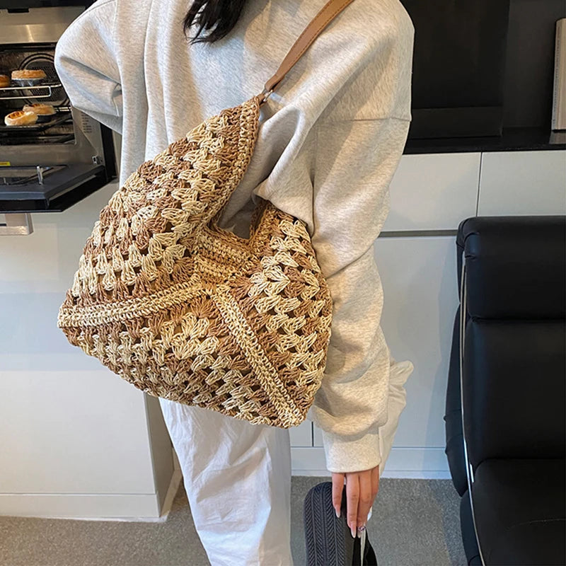 Women Weaving Clutches Top-handle Bag Large  Portable Shoulder Bag Summer Beach Purses Shopper Satchel Female Tote Bags