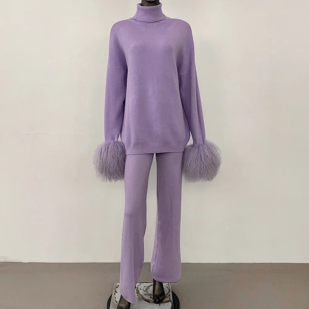 Coat Women Knitted Suit Women's Sweater Set Real Mongolian Sheep Fur Cuffs High Quality Wool & Blend Knitted Pullover and Pants