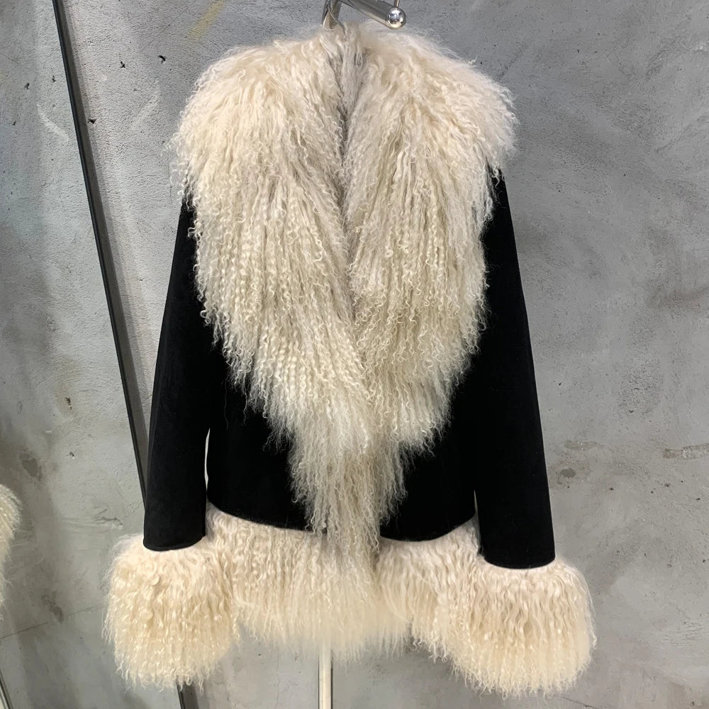 Sheep Collar Coats Women Winter Luxury Mongolian Fur Leather Jackets with Long Sleeve 7251