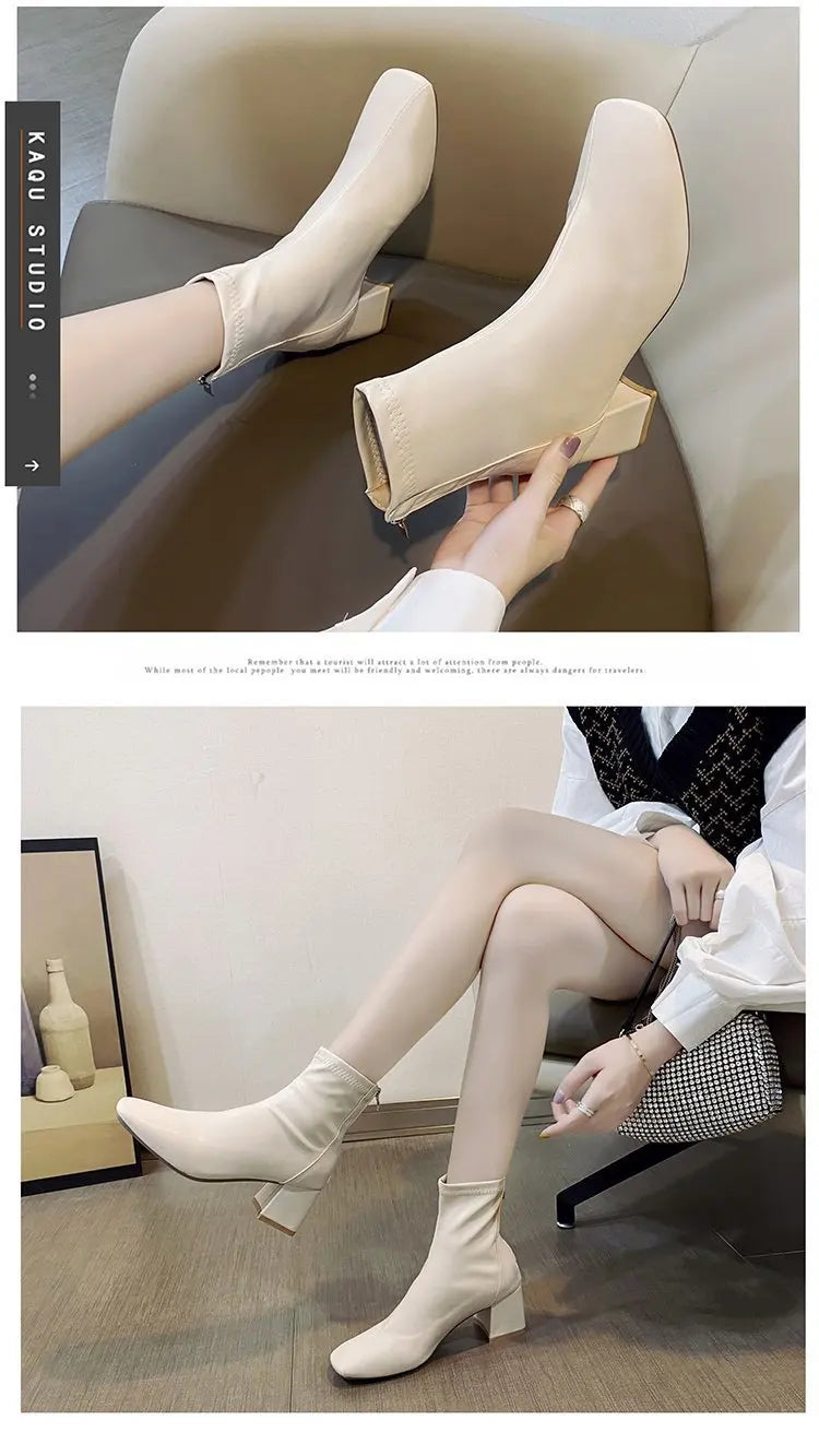 Ladies Bla High Heel ort Boots Spring Autumn Briti Sle Square Head  Boots Faionable Waterproof PU Leather