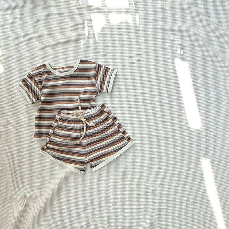 Comfortable Baby Clothes Set  Boys Simplicity Stripe Round Neck T-shirt +  Striped Shorts  breathable casual girl short sleeved