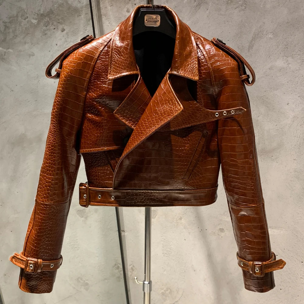 Embossed Leather Jacket Women Winter Genuine Sheep Leather Coat Wide Shoulder and Paddad 23012