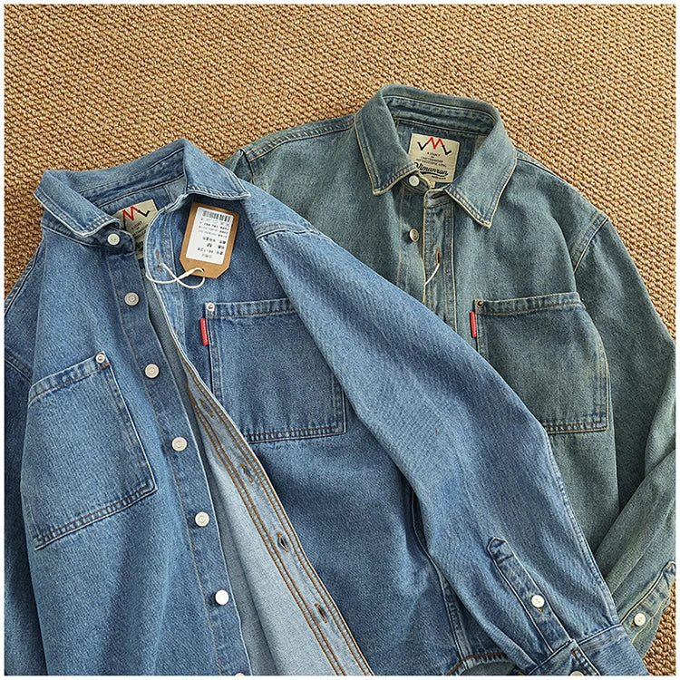 Spring Autumn New American Retro Long-Sleeve Lapel Solid Color Denim Shirt Men's Fashion 100% Cotton Washed Old Casual Blouses