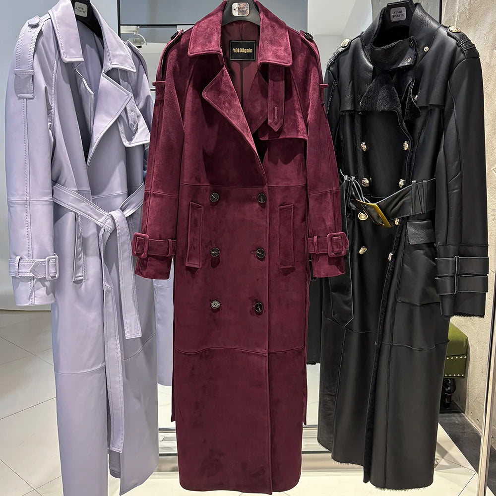 YOLOAgain Double Breasted Suede Jacket Coat Women Real Leather Trench Coat