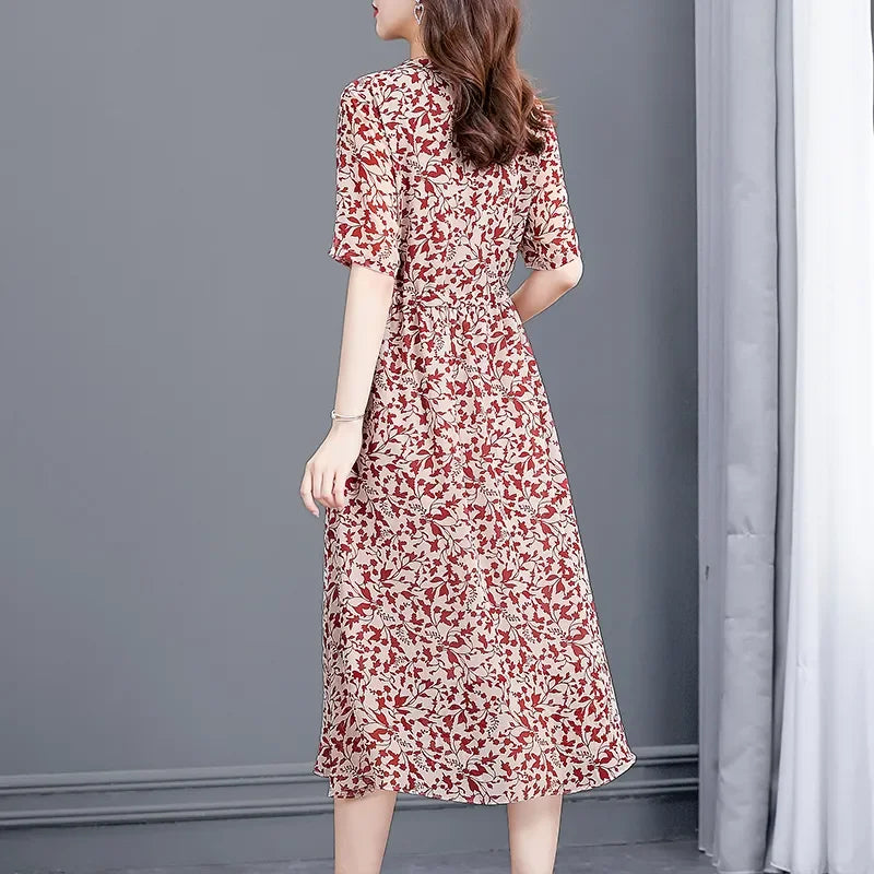 Women's Mulberry Silk Midi Dress V-Neck Three-Quarter Sleeve Red Floral Print Waist Tie Elegant Silk Summer Dress For Mature