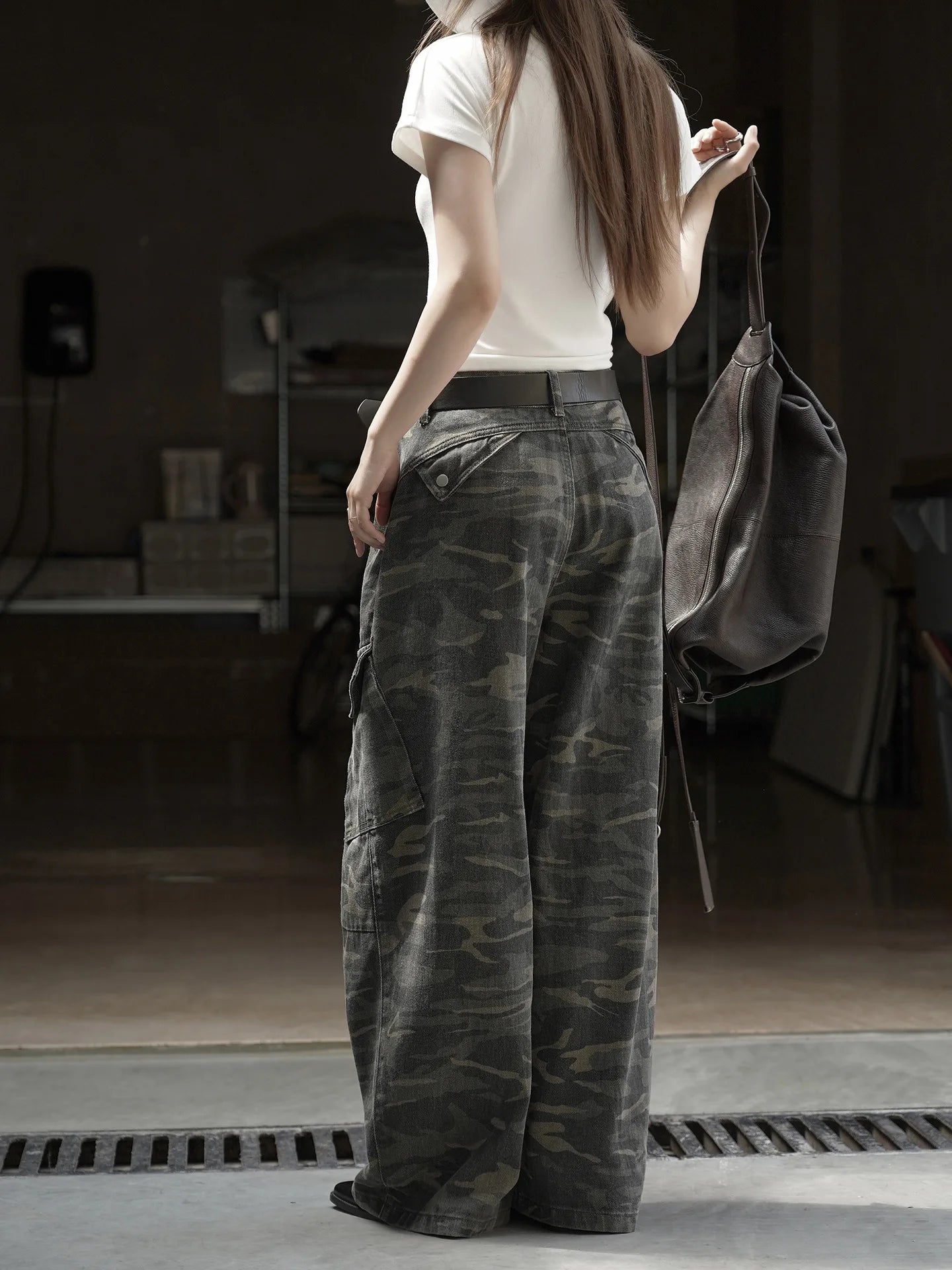 Retro and trendy waistband, workwear, large pocket, casual pants, three-dimensional and stylish pants for women