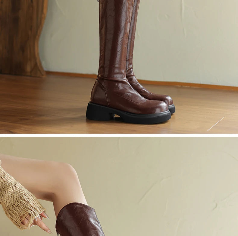 Ods  Footwear Elegant Heeled Shoes for Women Brown Ladies Boots Platform Winter Knee High Shaft Heels Long Boot Lady 40 41 42 43