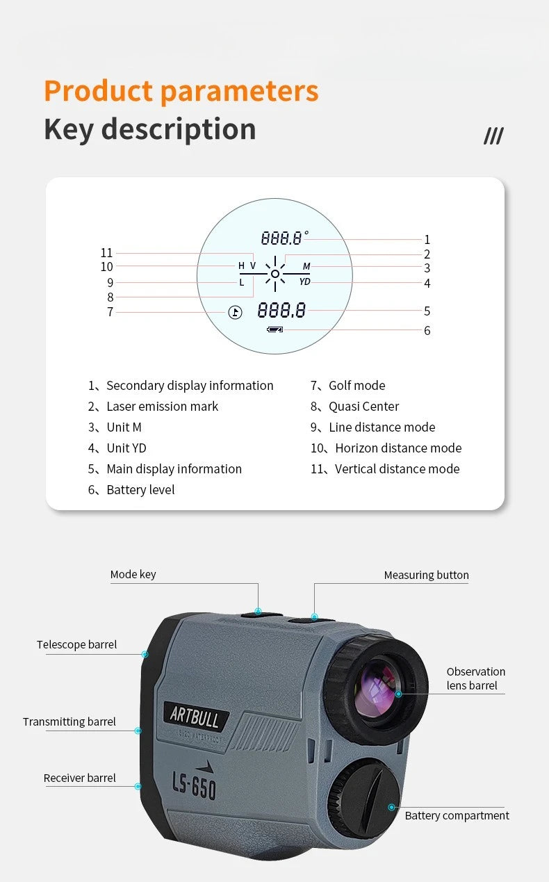Golf Laser Rangefinder  650M Telescope with Flag-Lock Slope Pin Distance Meter for Hunting Monocular