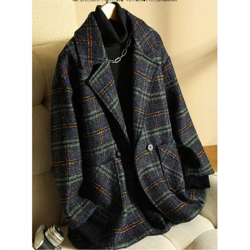 Plaid Suit Woolen Coat Women Autumn Winter New Korean Fashion Loose Woolen Coat Mid-Length Wool Blazer Overcoat Woman Jacket