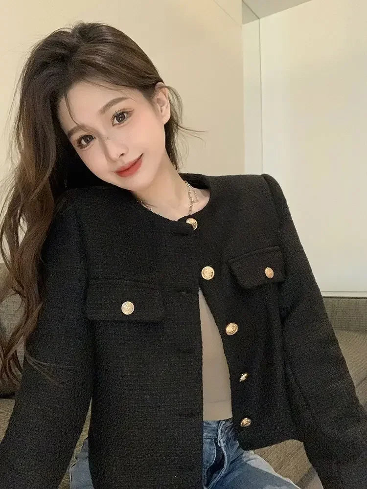Wool Coat Women Jacket Short Autumn Winter Cardigan Long Sleeve Top Single Breasted Tweed Versatile Wool Top Full Sleeve 2024
