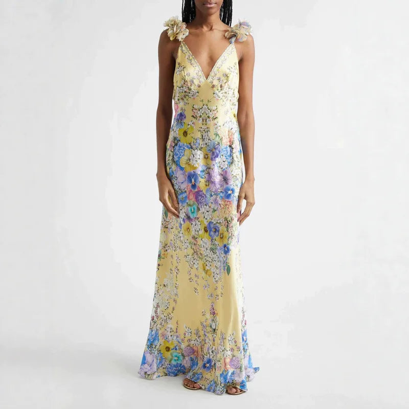 100% Silk Floral Print Sleeveless Sling Maxi Dress for Women Elegant Deep V Neck Backless Sexy Club Party Long Dress