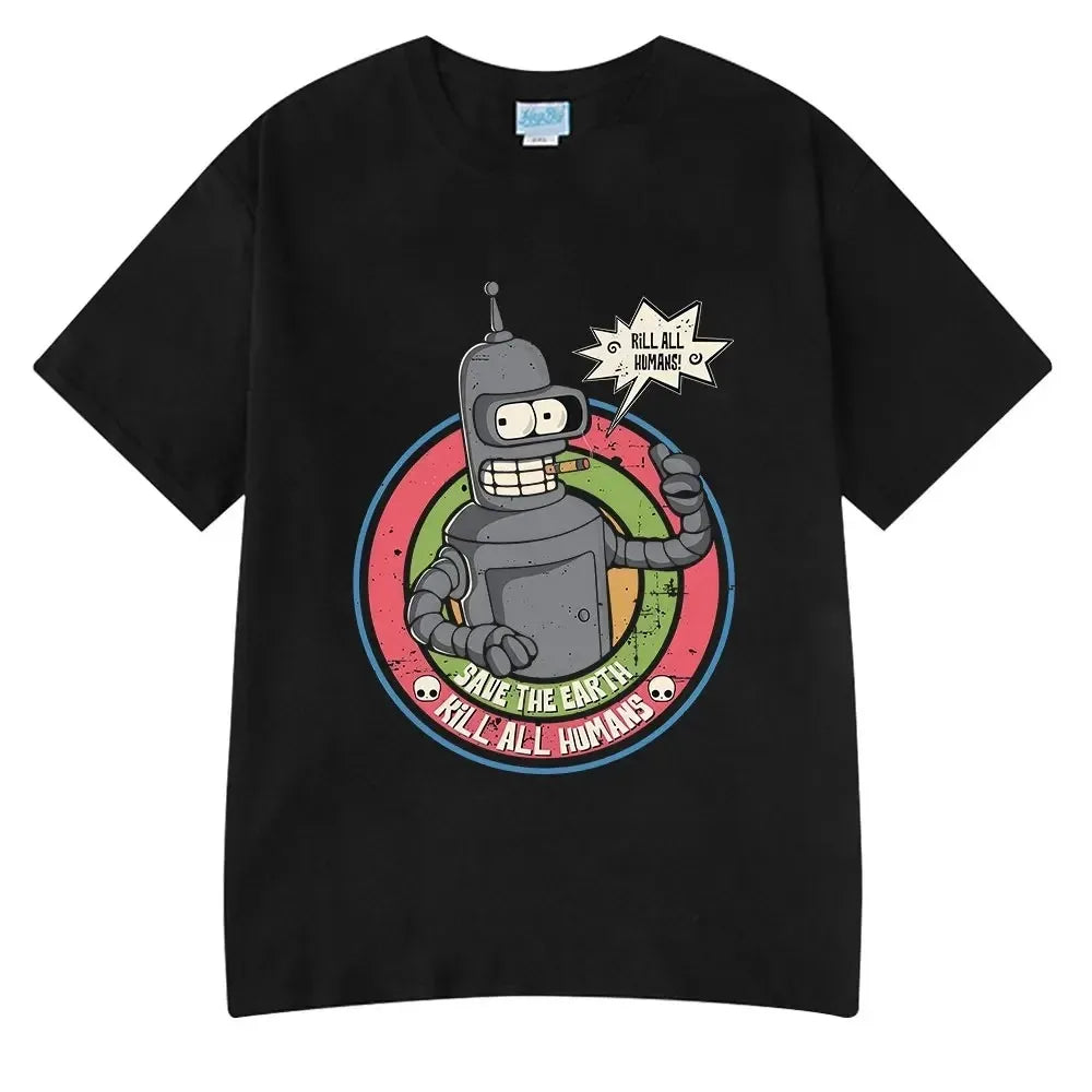 Summer Fashion Hot Save The Planet Kill All Humans Funny Tops Robot Print Oversized T-Shirts Men Women Short Sleeve Cotton Tops