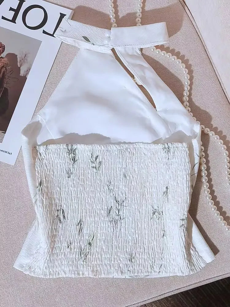 Summer Elegant Vintage Woman Clothing Print Halter Sleeveless Design Camis Tops Retro New Fashion Female Button Casual Chic Tops